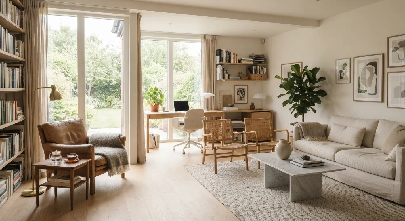 A well-organised living room divided into distinct functional zones with clean, clutter-free surfaces
